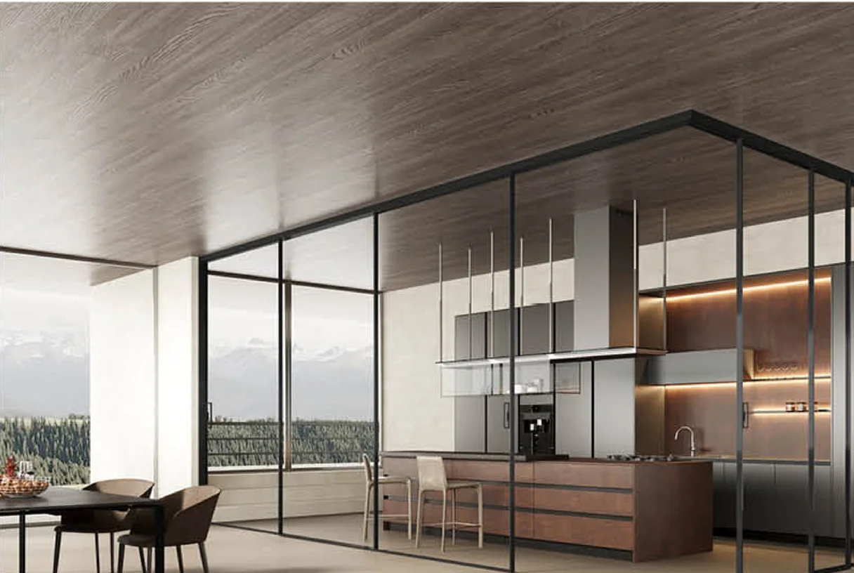 Black-framed aluminium sliding wall in a kitchen with a mountain view, design rendering