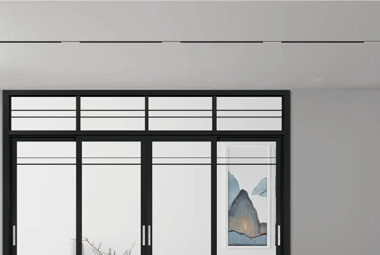 Four-panel white aluminium sliding door with grille head lights in a grey room, design rendering