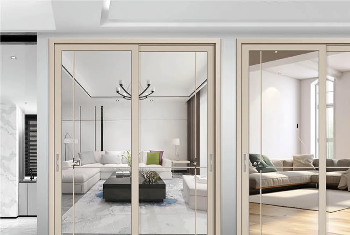 Two-panel champagne-gold aluminium sliding door in a bright living room, design rendering