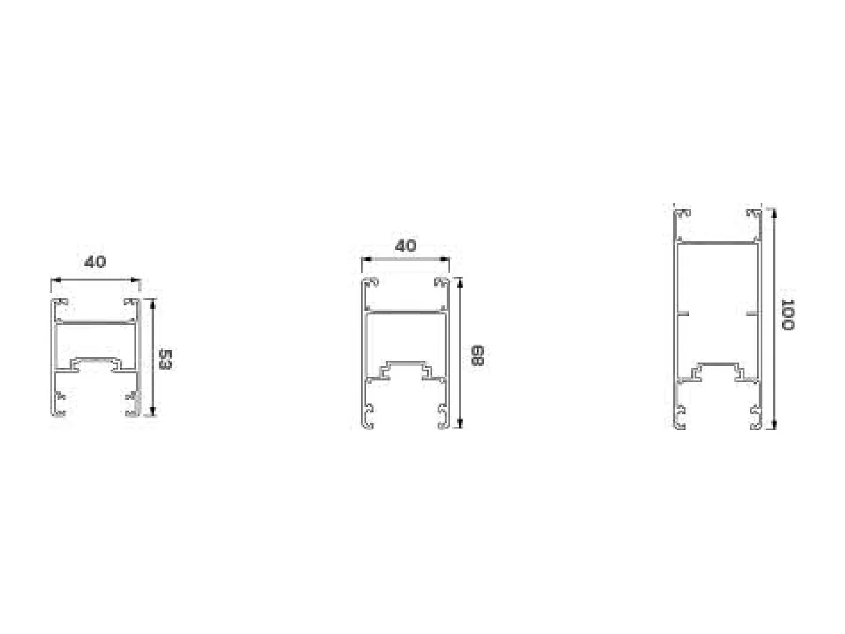 Cross-section drawings of the 40 series frame profiles with 63, 88 and 100 mm section depths