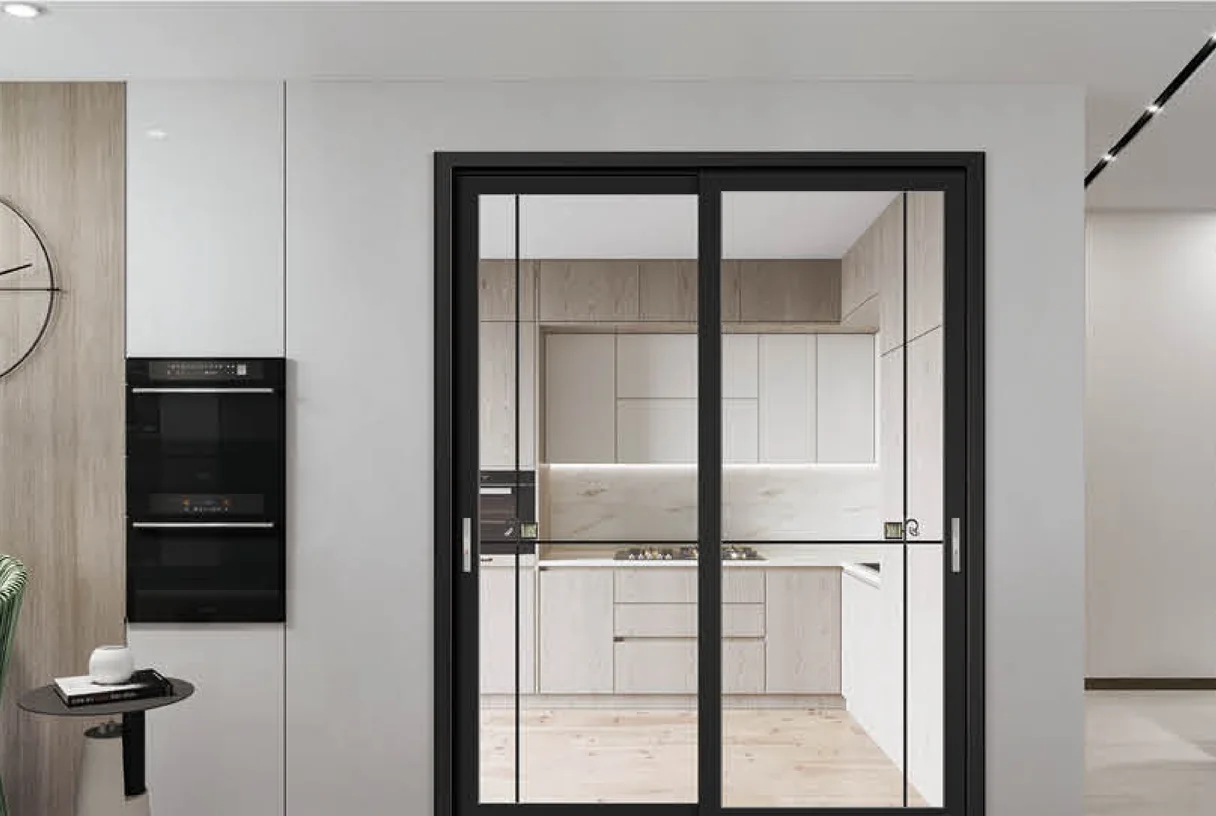 Two-panel black 40 series aluminium sliding door framing a kitchen interior, design rendering