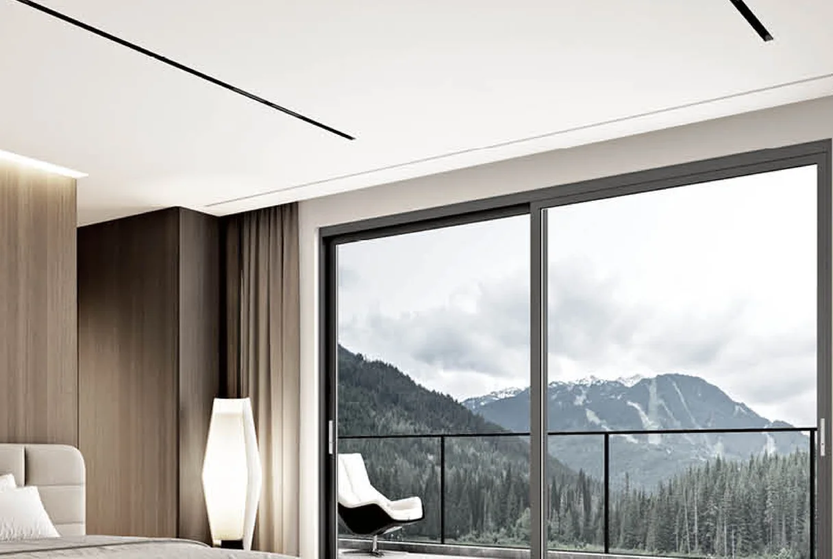 Two-panel grey aluminium sliding door with a grille bar onto a forested mountain view, design rendering