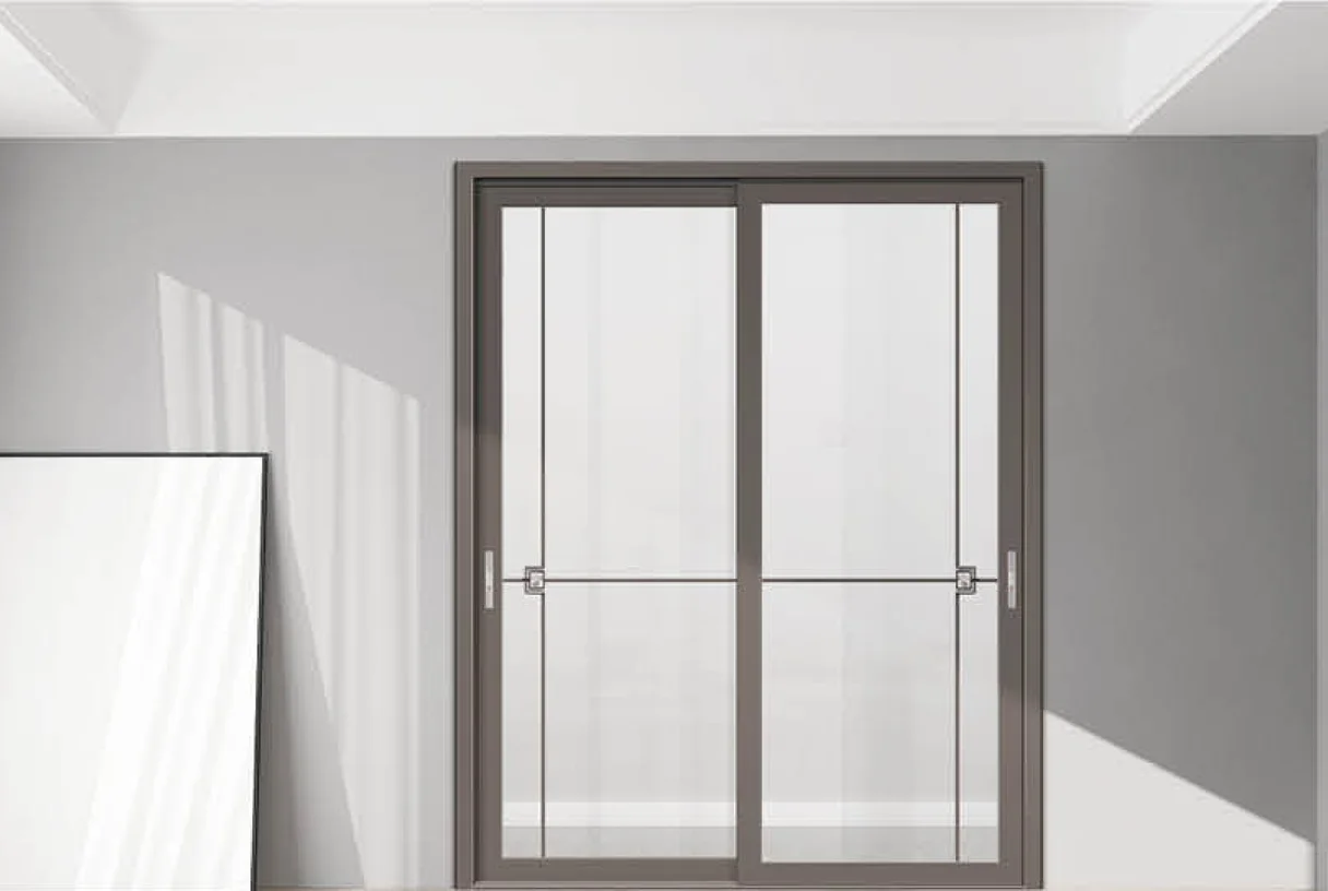 Two-panel grey aluminium sliding door on a wood floor in a large living room, design rendering