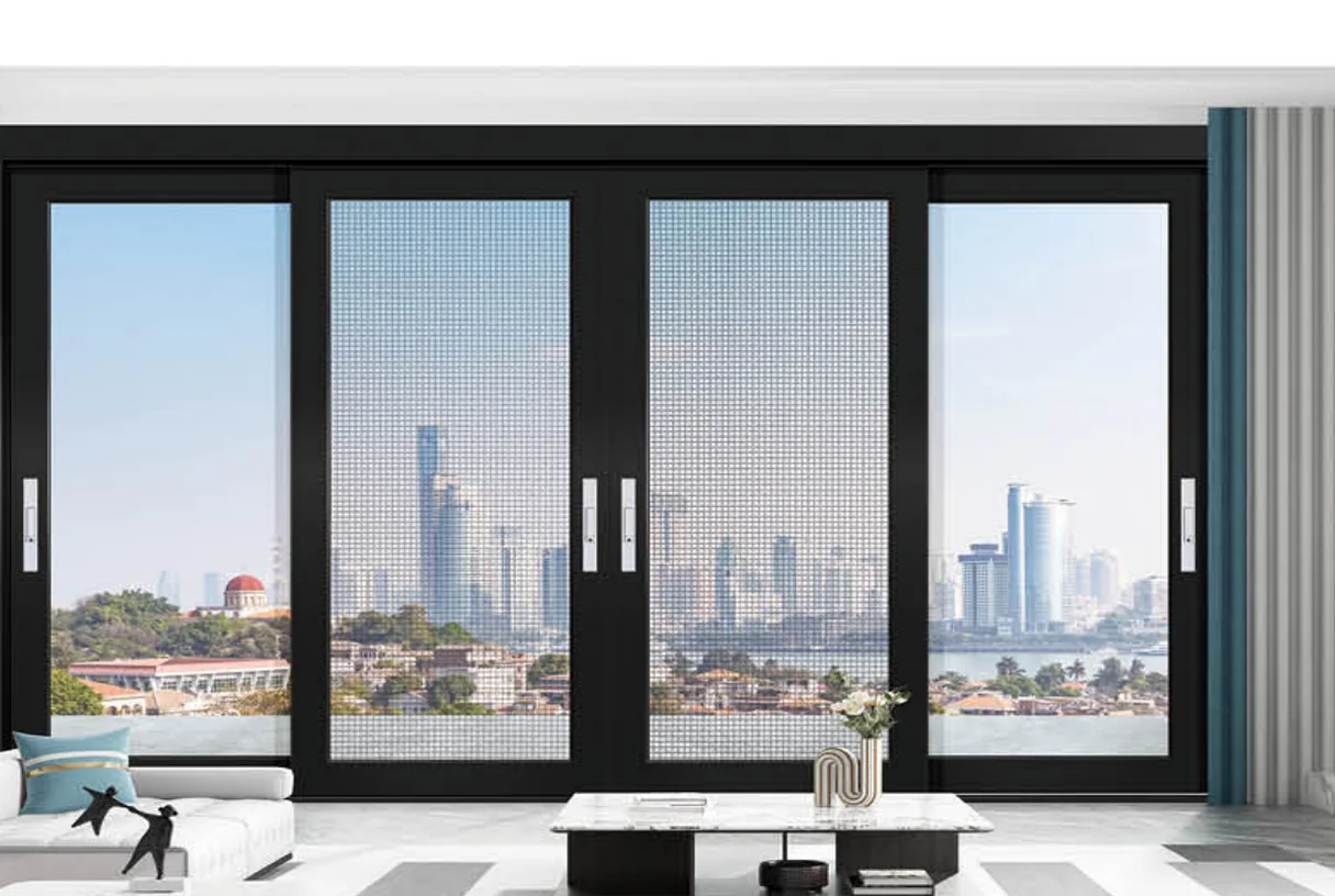 Three-panel black aluminium sliding door in a living room with a city river view, design rendering