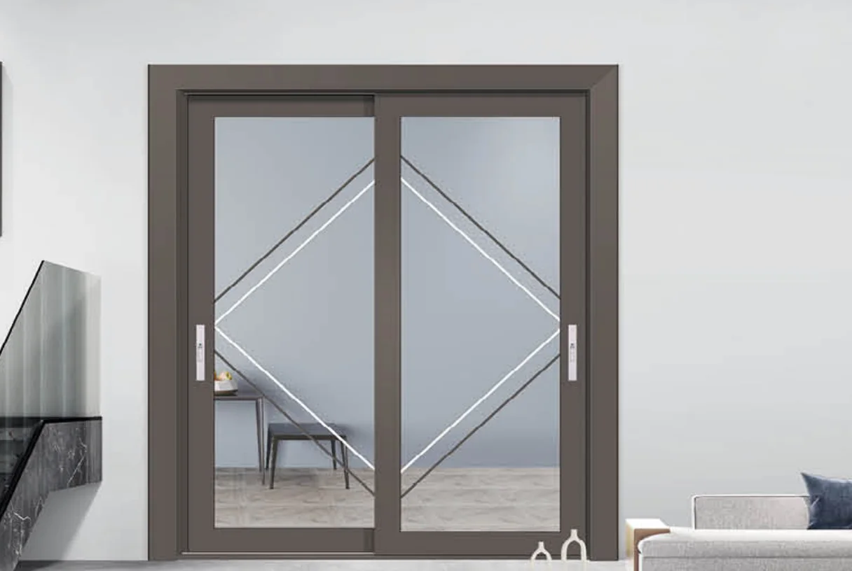 Two-panel coffee aluminium sliding door with diamond decorative bars, design rendering