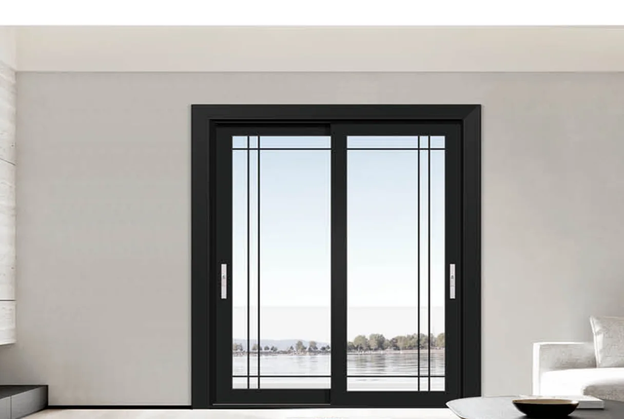 Two-panel black aluminium sliding door with linear grille bars facing a lake, design rendering