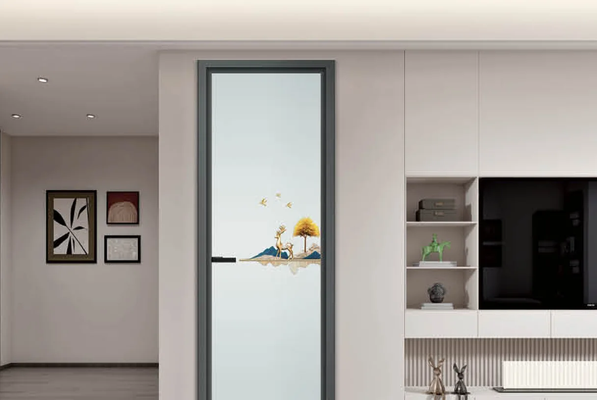Single 35X16 slim aluminium casement door with a floral glass inset on a partition beside a TV wall, design rendering