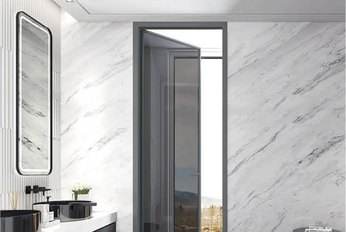 40X16 new-minimalism aluminium casement door open onto a marble bathroom and a mountain view, design rendering