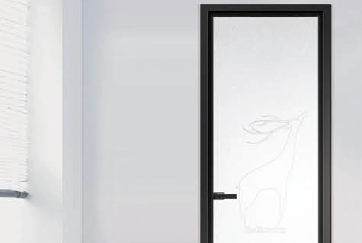 White 40X16 new-minimalism aluminium casement door with an etched animal motif in a bathroom, design rendering