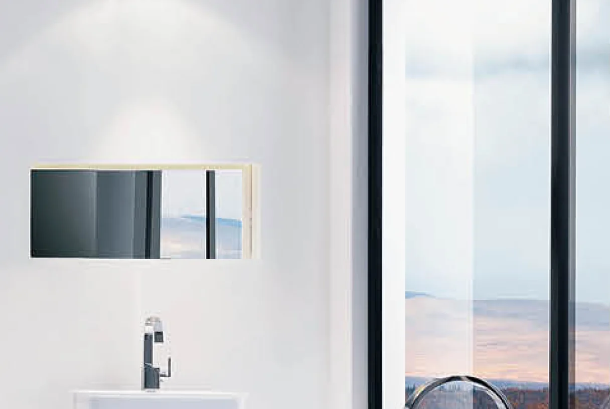 40X16 new-minimalism aluminium casement door in a bright bathroom beside a large window, design rendering