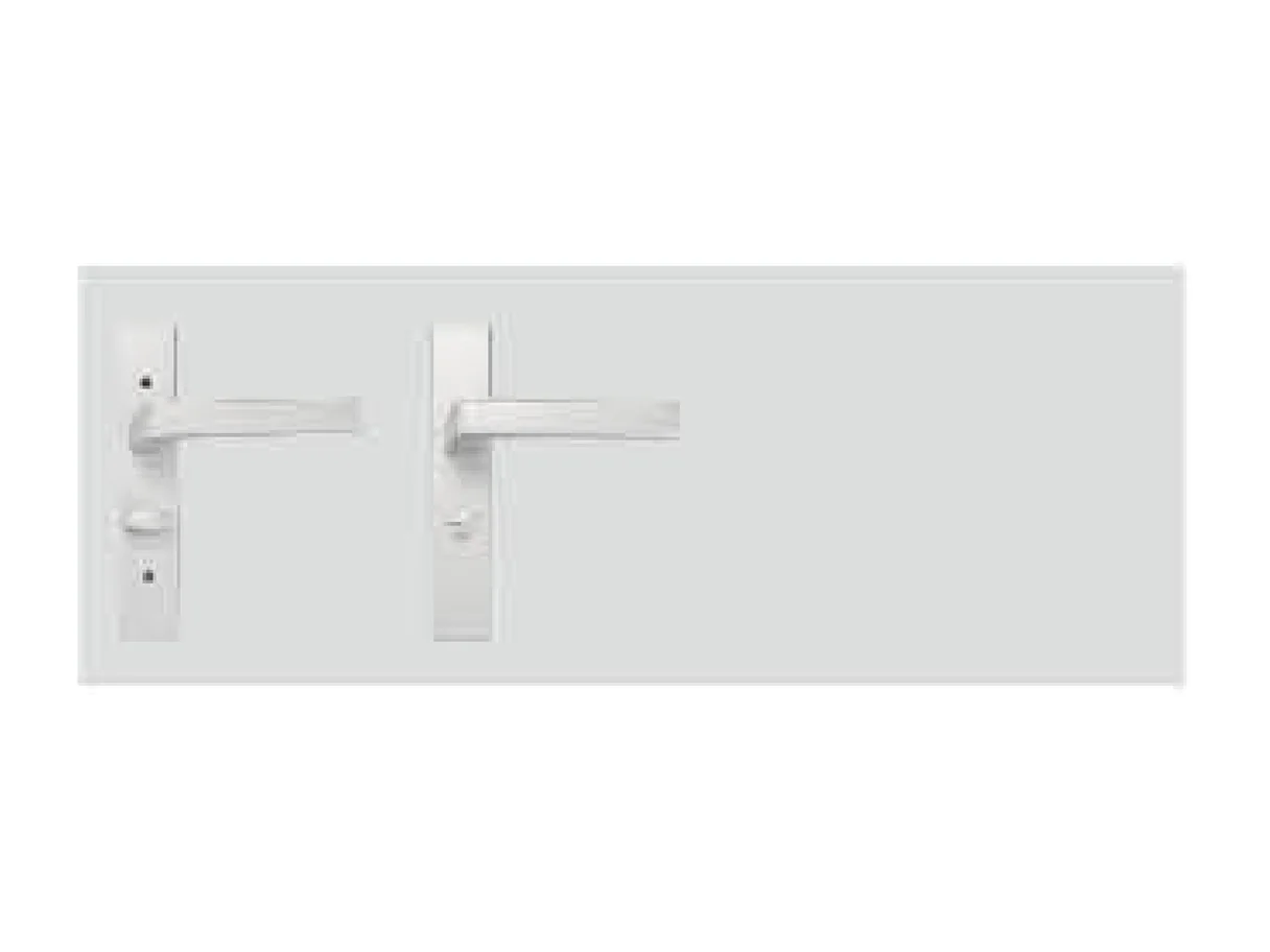 Two silver aluminium lever door handles with backplates and a lock on a light ground