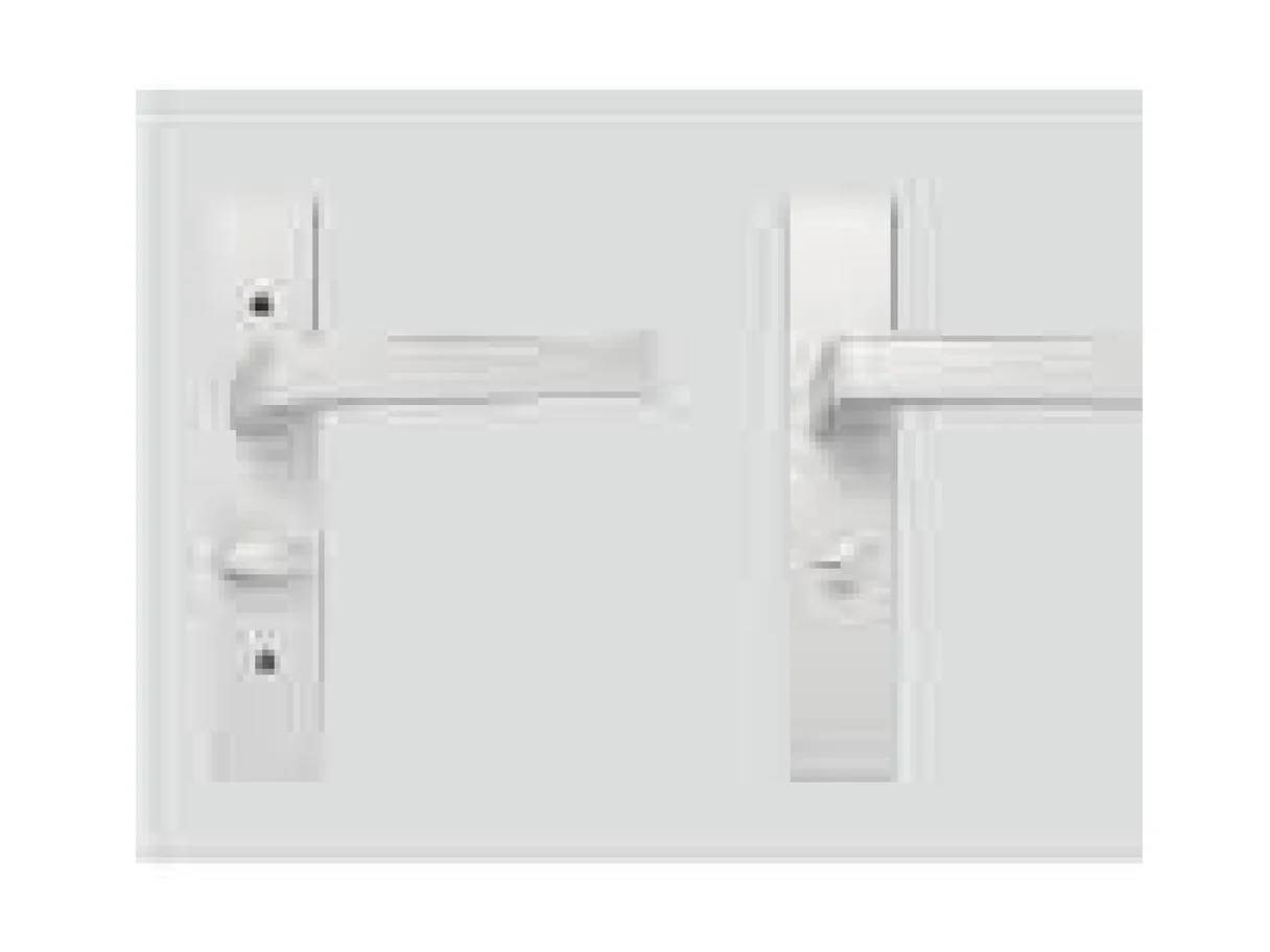 Close view of a silver aluminium lever door handle and lock body on its backplate