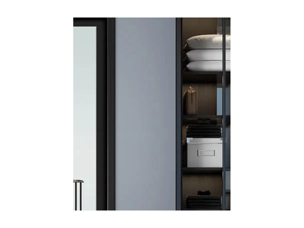 Detail of the wide-frame casement door leaf, frame and jamb against a plain wall, design rendering