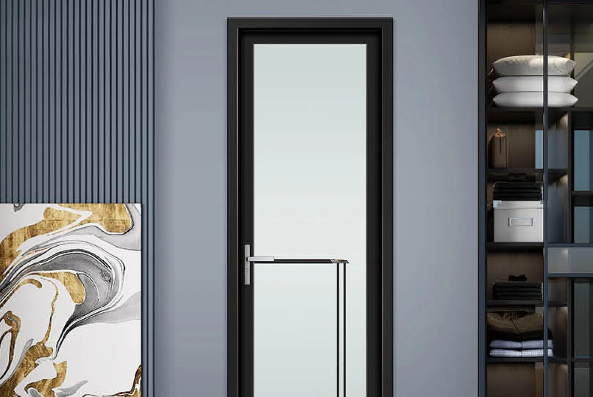 Black wide-frame casement door with frosted glass and a brass handle on a blue-grey slat wall, design rendering