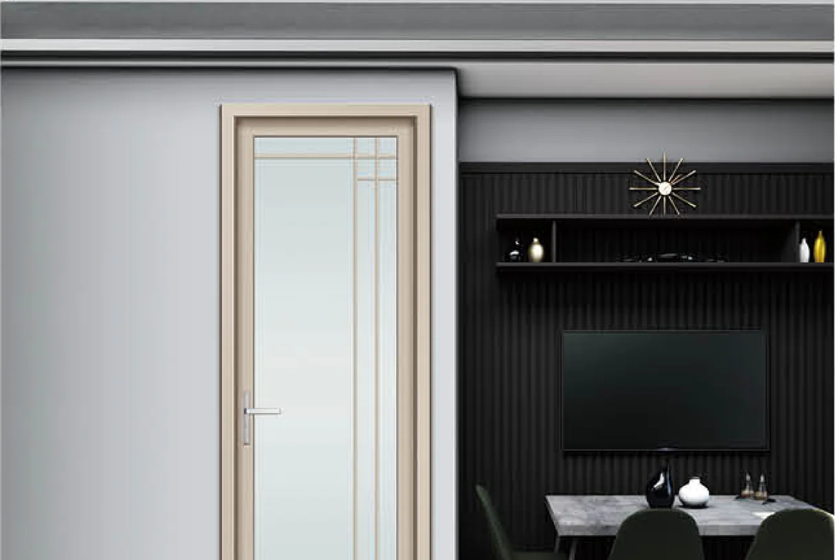 Champagne-gold wide-frame aluminium casement door in a dark dining room, design rendering