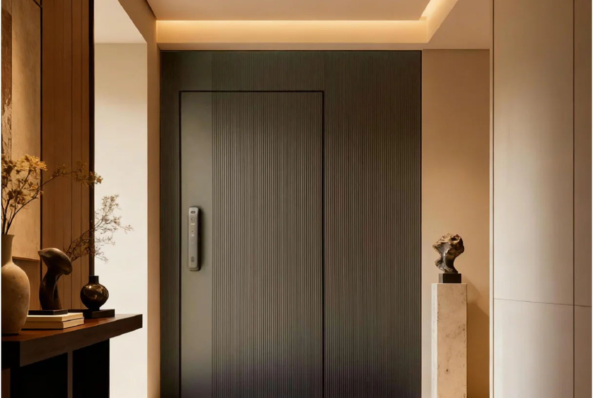 Fluted cast-aluminium entrance leaf in a hallway with a console table and a sculpture, design rendering
