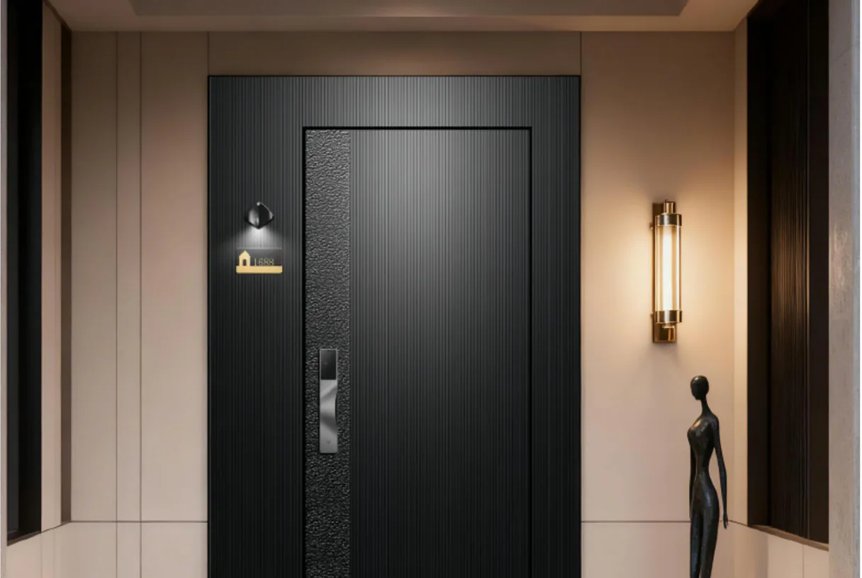 Black cast-aluminium entrance leaf with a slim lock between wall lamps and a statue, design rendering