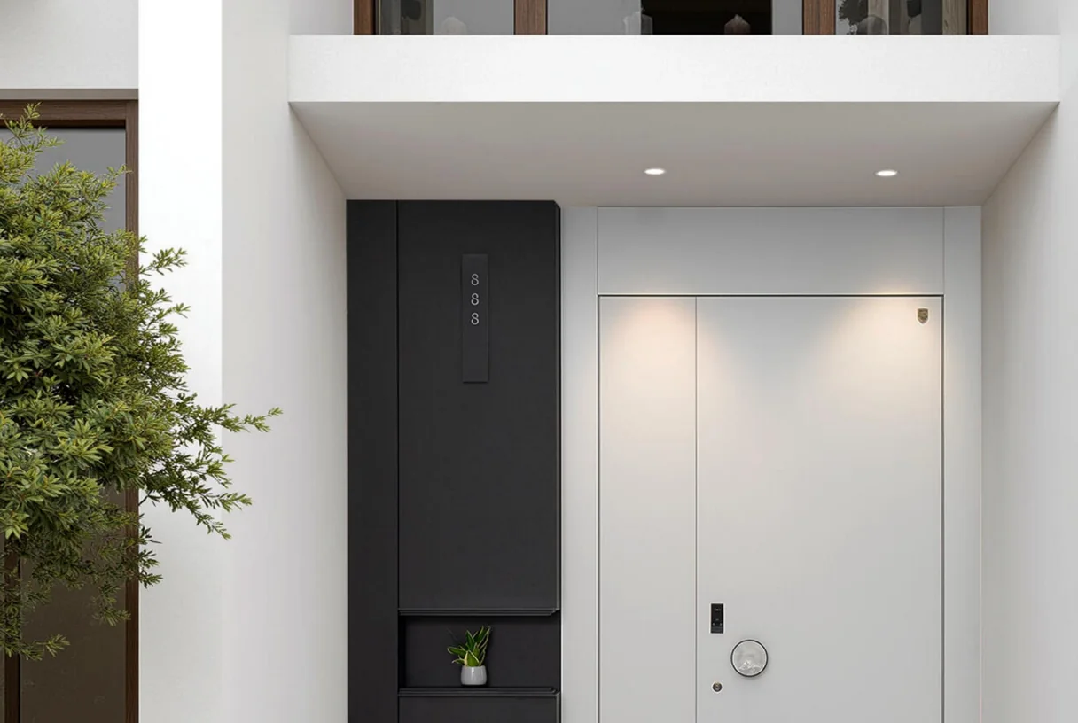 Cast-aluminium entrance leaf beside a pale leaf on a white render villa front with planting, design rendering