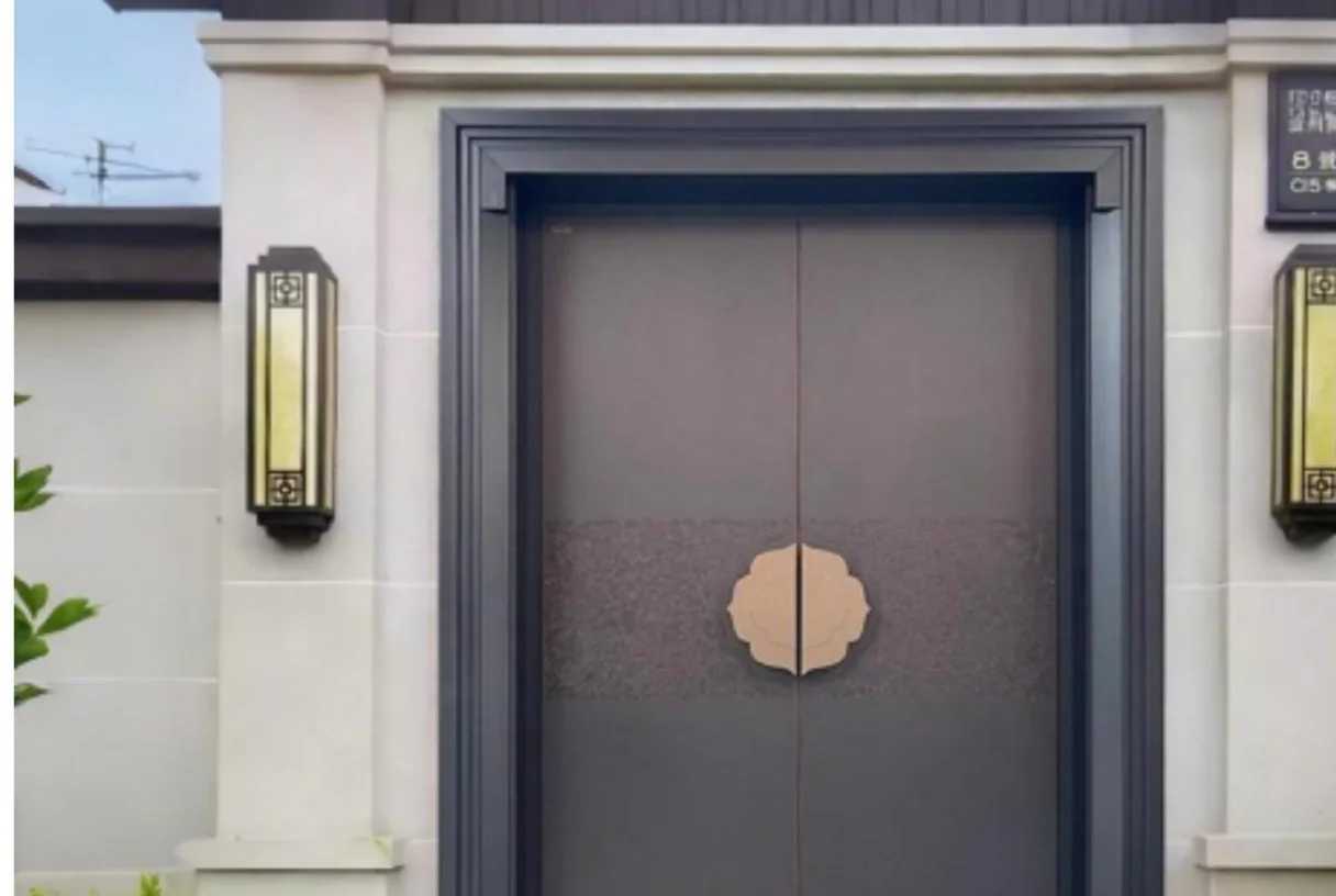 Blue-grey panelled aluminium double entrance door with a central brass ornament between lanterns, design rendering