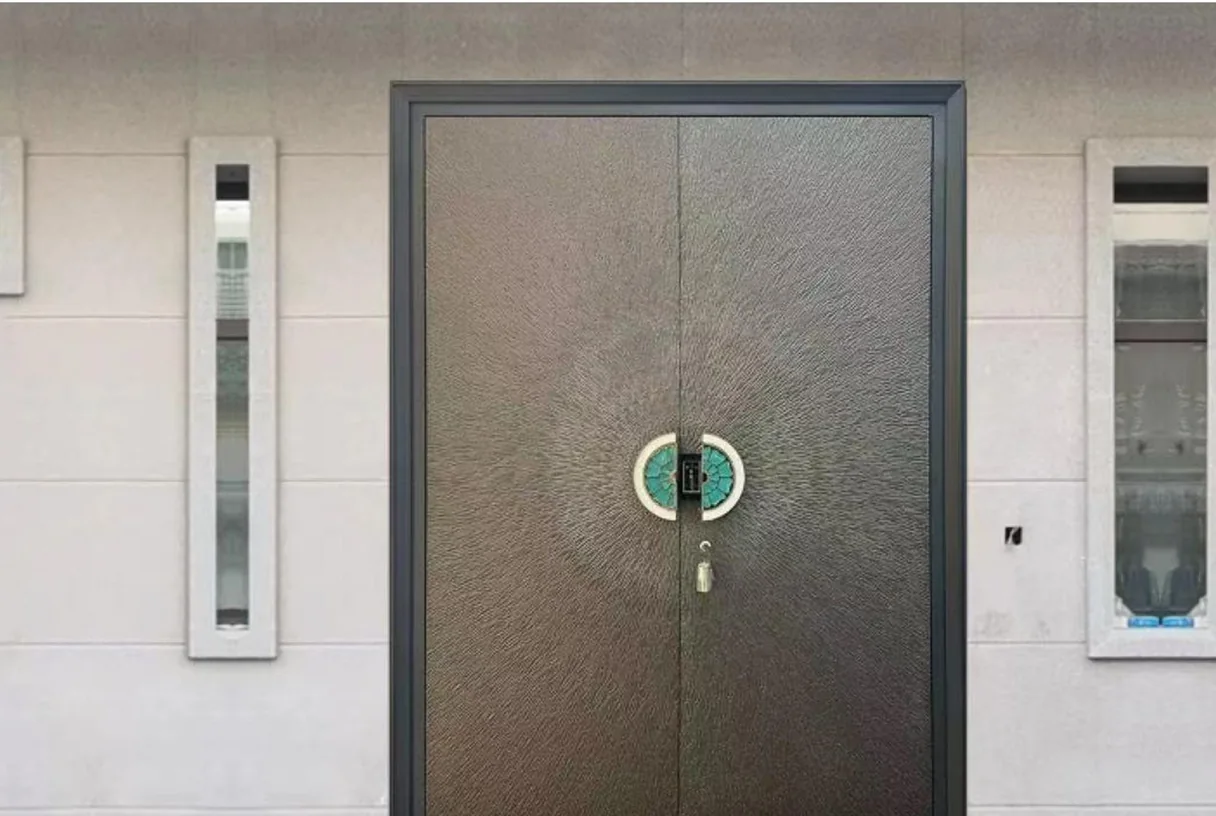 Bronze textured aluminium double entrance leaf with wall sconces on a white render wall, design rendering