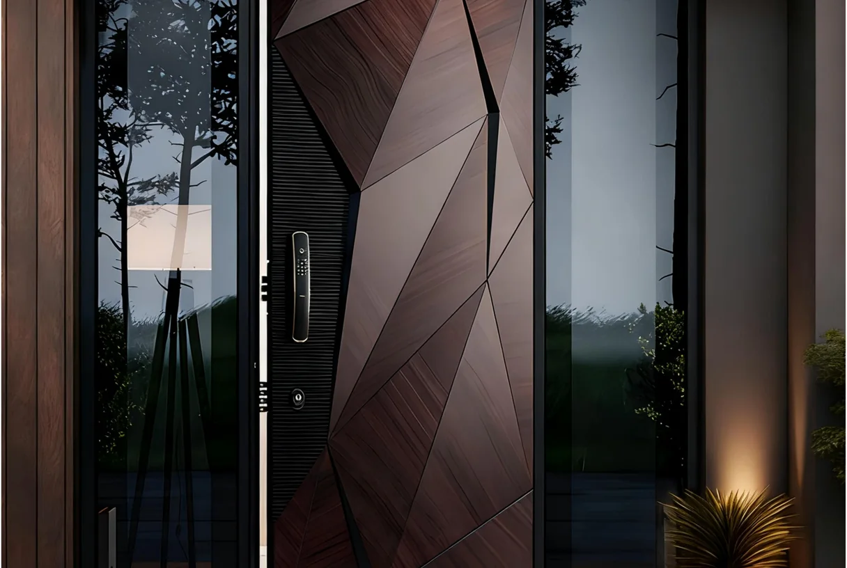 Bronze faceted aluminium art entrance door with glass sidelights at a lit night entrance, design rendering