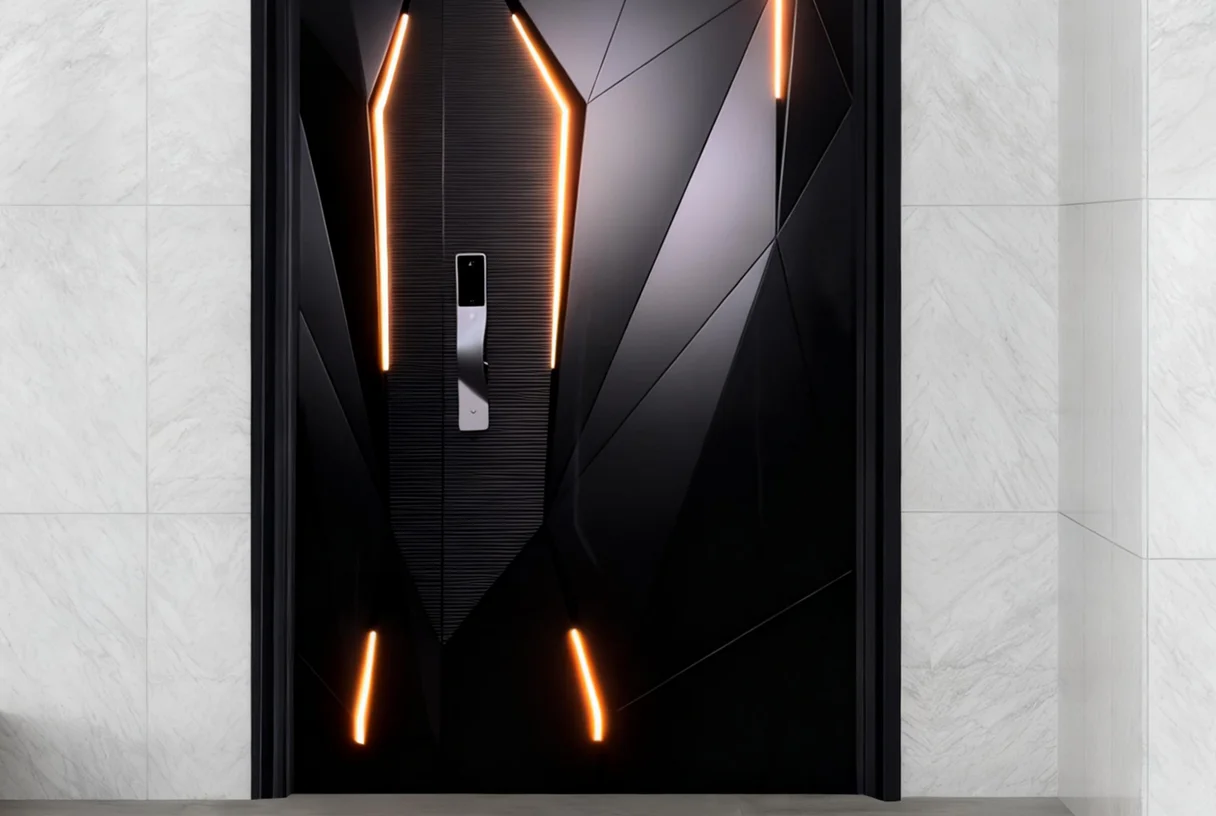 Black faceted art entrance door with amber light strips and smart lock plate in a marble entryway, design rendering