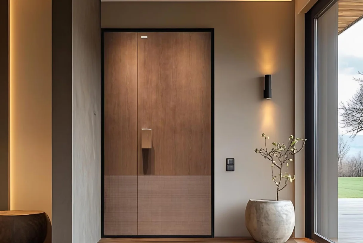 Two-tone timber-faced main and secondary leaf entrance door in a lit porch with a potted plant, design rendering