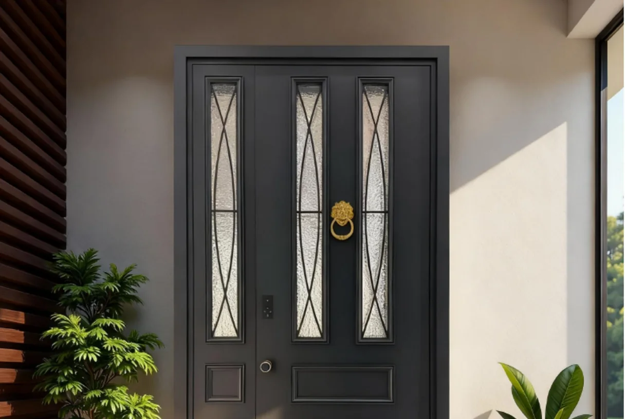 Grey main and secondary leaf entrance door with diamond-bar glazing and a brass ring pull, design rendering