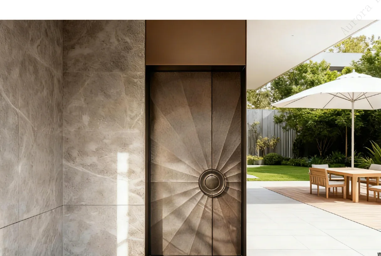 Bronze radial-relief cast entrance leaf in a marble reveal beside a garden terrace with a parasol, design rendering