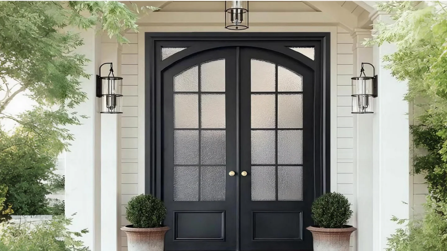 Black arched glass entrance door with a wreath and lanterns on a stone villa front, design rendering