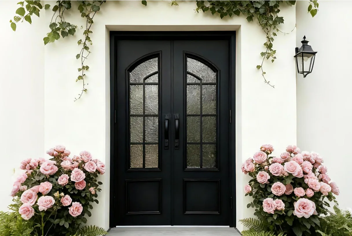 Black French-style aluminium glass door with grille bars under climbing ivy and roses, design rendering