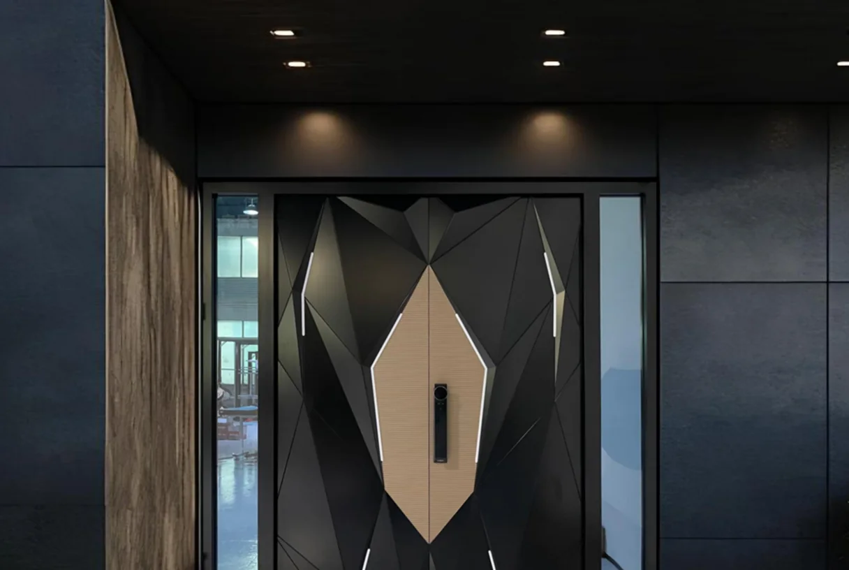 Modern black aluminium glass entrance door with a faceted geometric face in dark stone, design rendering