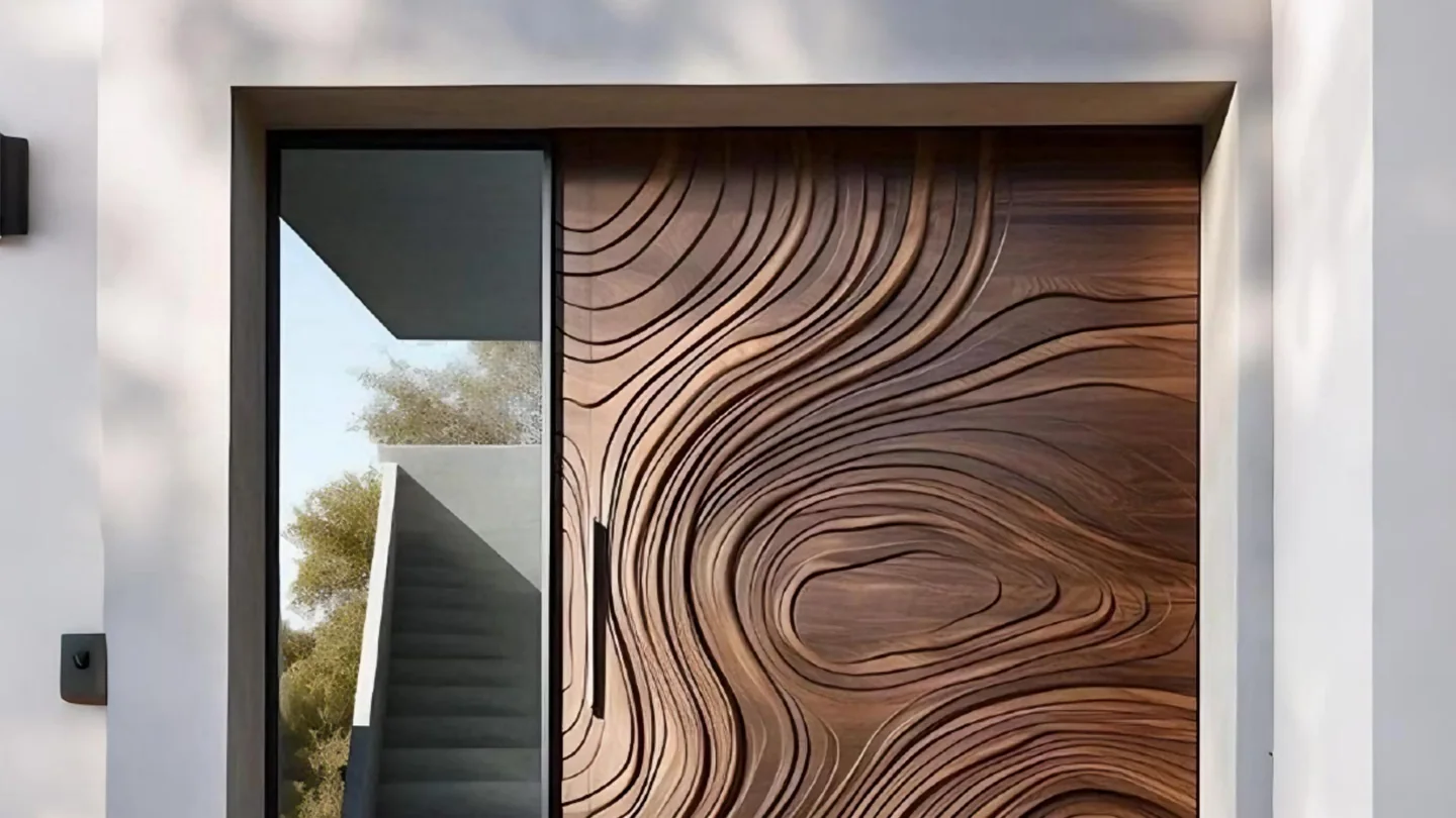 Ripple wood-grain aluminium entrance leaf with a glass sidelight, on a white and stone villa front, design rendering