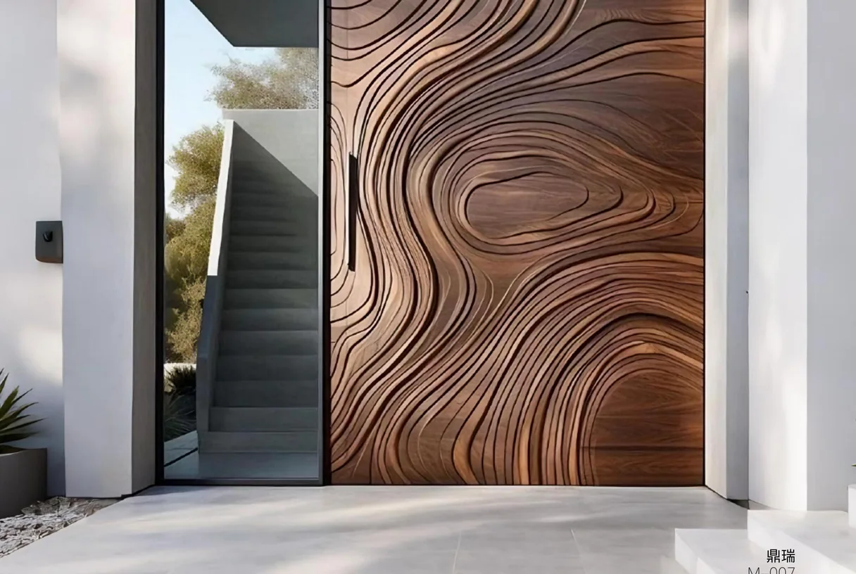 Ripple wood-grain aluminium entrance leaf with a glass sidelight beside an outdoor stair, design rendering