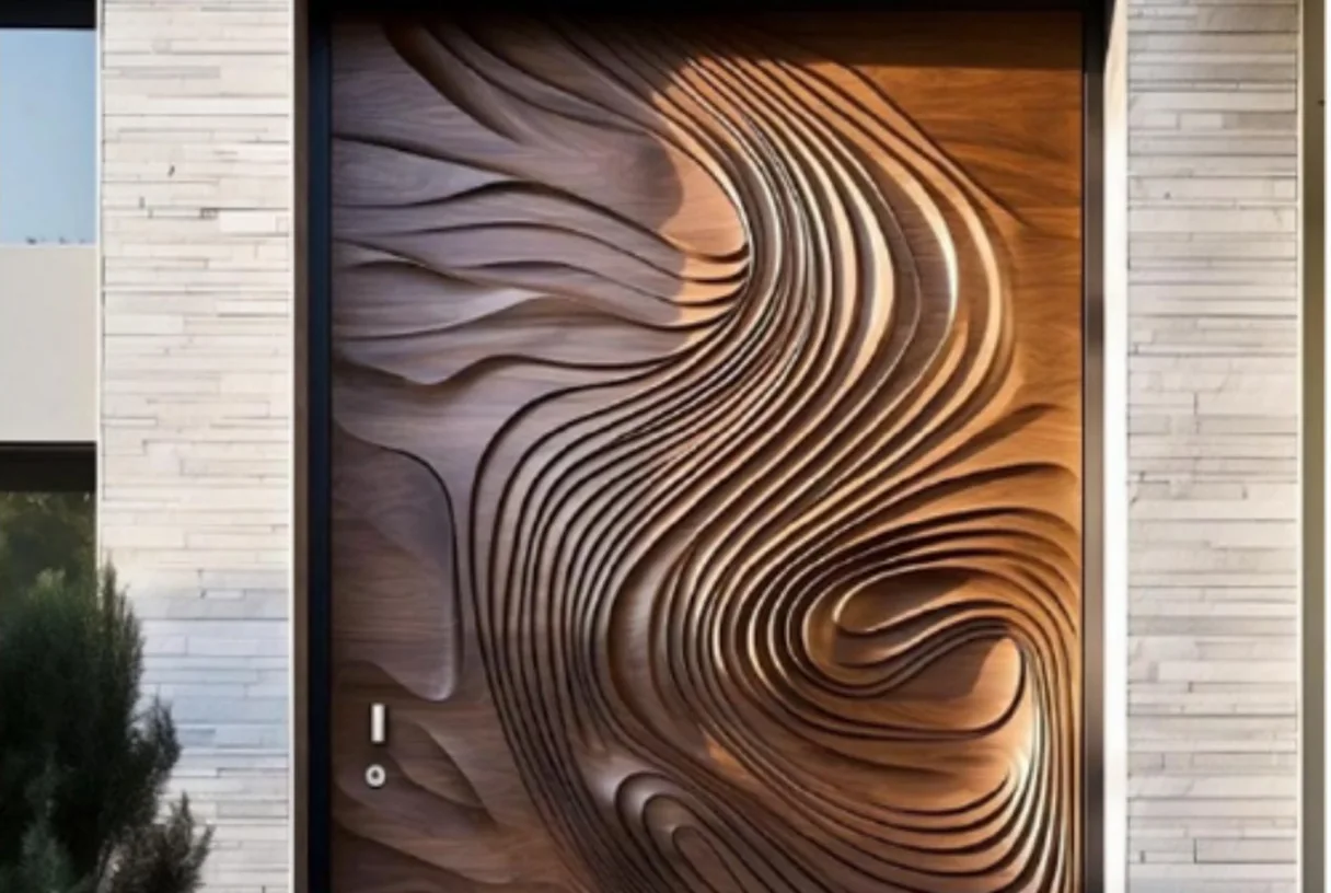 Ripple wood-grain aluminium entrance leaf with the carved grain gathered at the centre on a stone reveal, design rendering