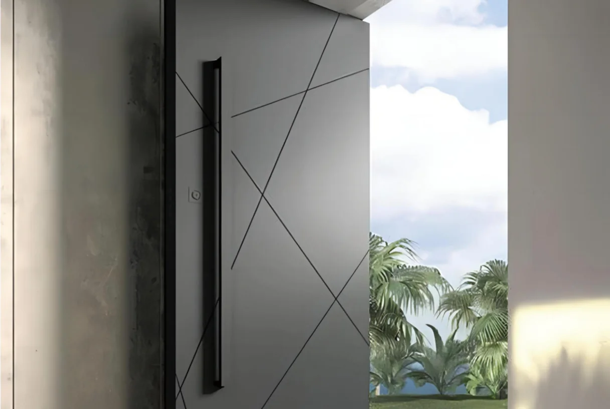 Grey aluminium offset-hinge entrance leaf with crossed line inlays opening onto a sea-facing garden, design rendering