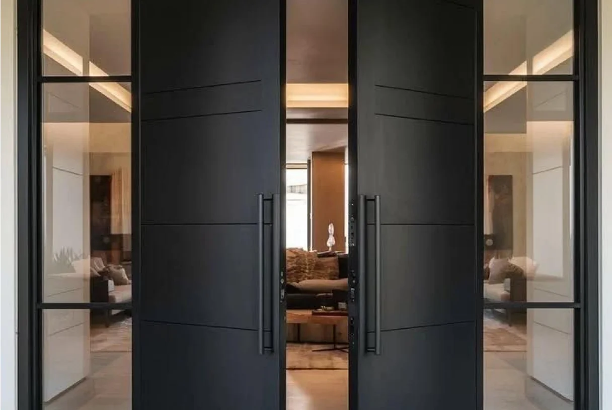 Black aluminium double offset-hinge entrance leaves with glass sidelights open into a living room, design rendering