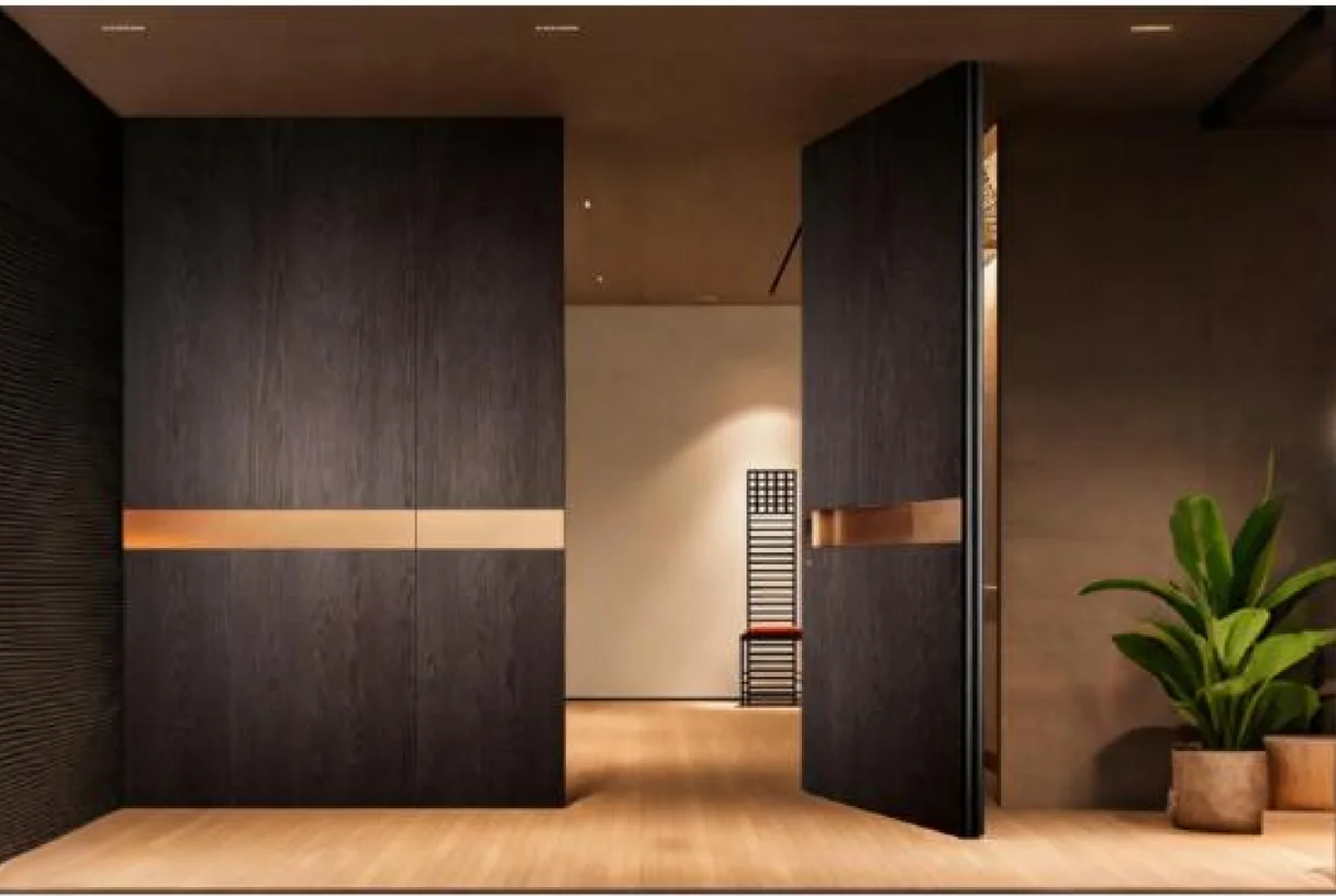 Dark timber-faced offset-hinge entrance doors open across a wood-floored interior, design rendering