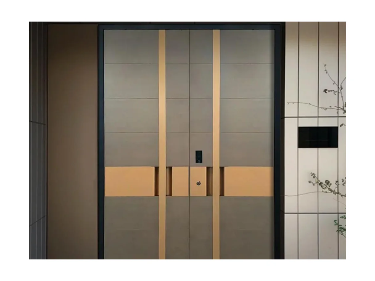 Front view of a pale grey aluminium double entrance leaf with vertical brass bar inlays and a horizontal band