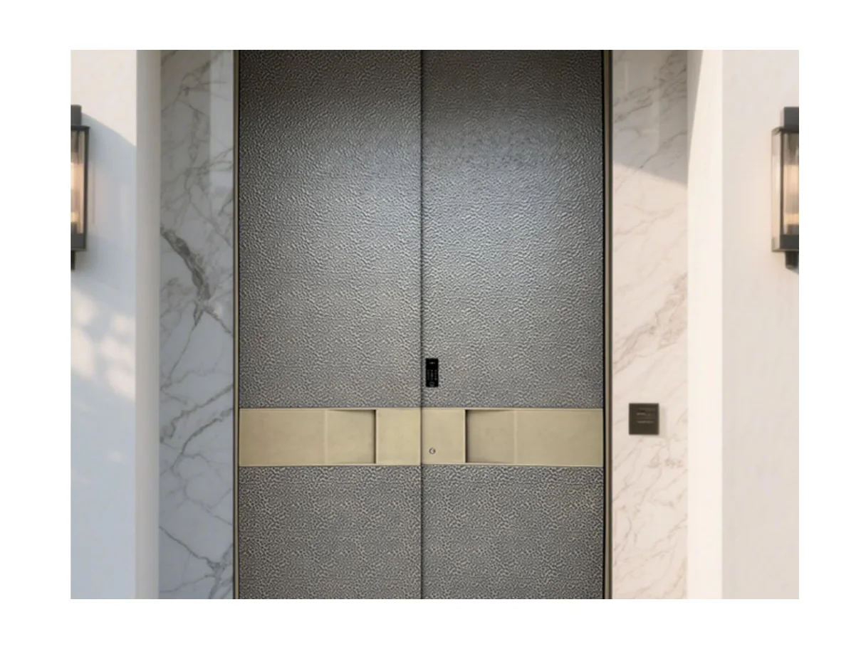 Front view of a grey aluminium double entrance leaf with a horizontal brass band and a slim lock