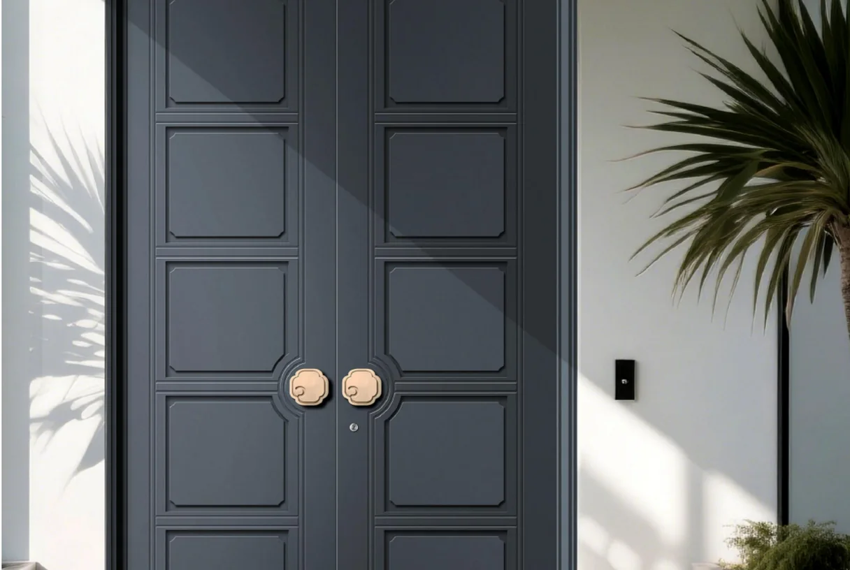 Navy panelled aluminium French double entrance door in a sunlit plaster wall with a palm, design rendering