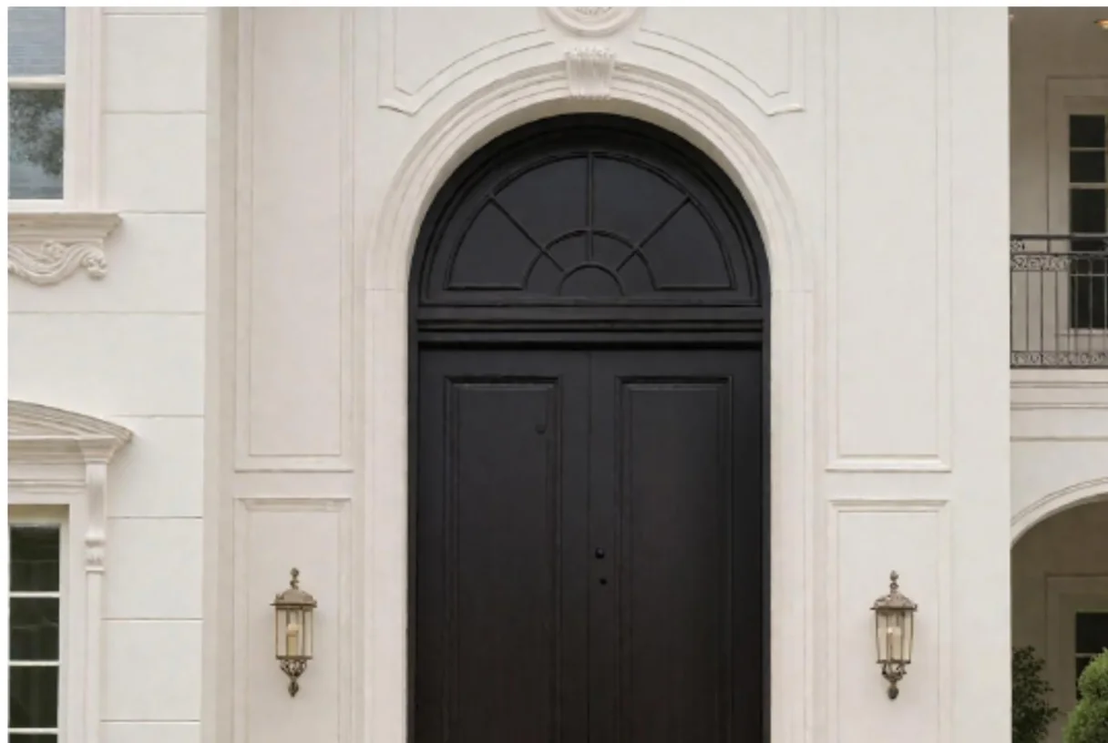 Black arched aluminium French double entrance door with lanterns on a classical villa facade, design rendering