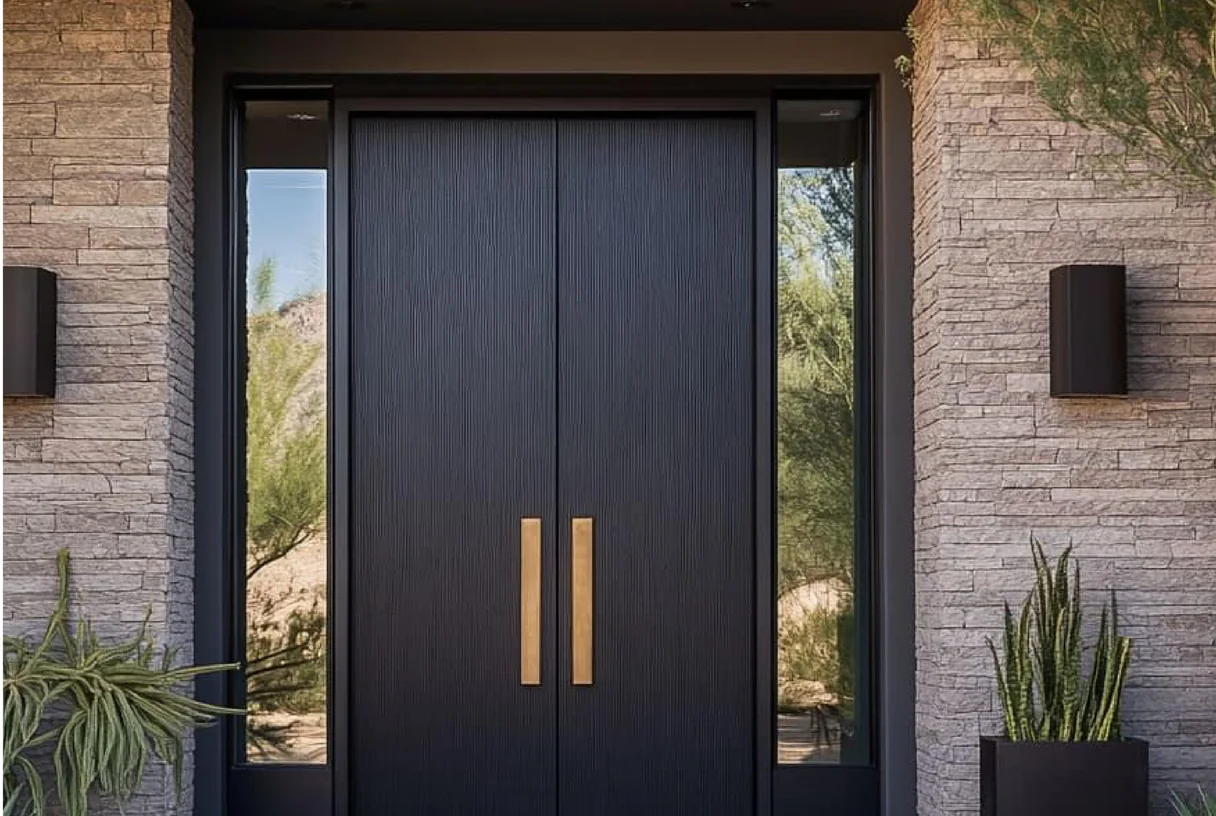 Black aluminium double entrance door with glass sidelights and a timber reveal on a stone villa wall, design rendering