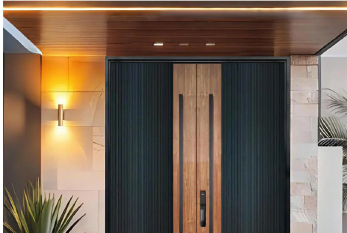 Timber-faced and black aluminium double entrance door under warm downlights at night, design rendering