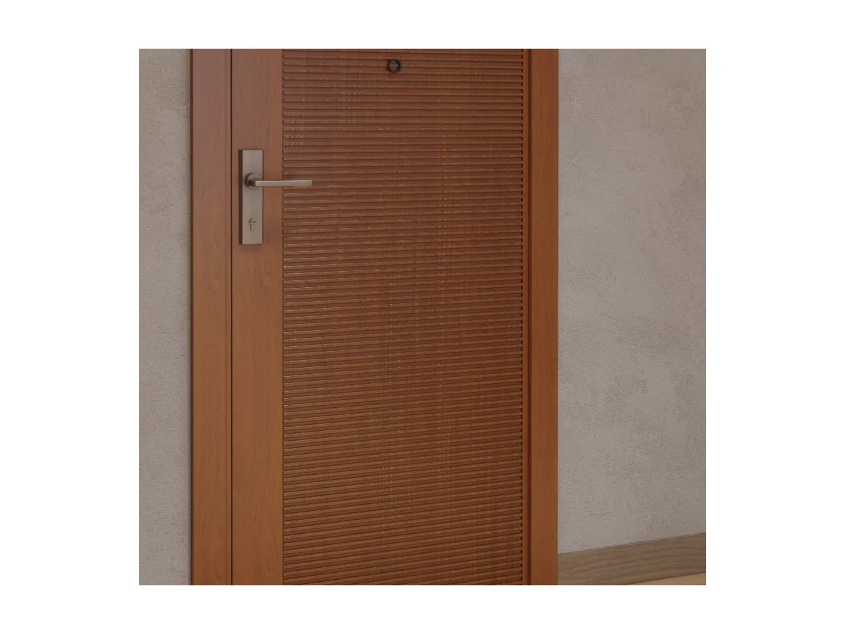 Close view of a wood-veneer apartment entry fire door leaf with a lever handle