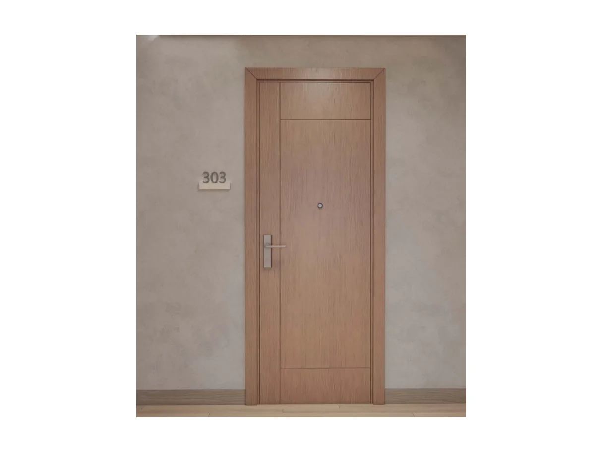 Apartment entry fire door leaf showing the veneer face, the flush edge and the hinge side