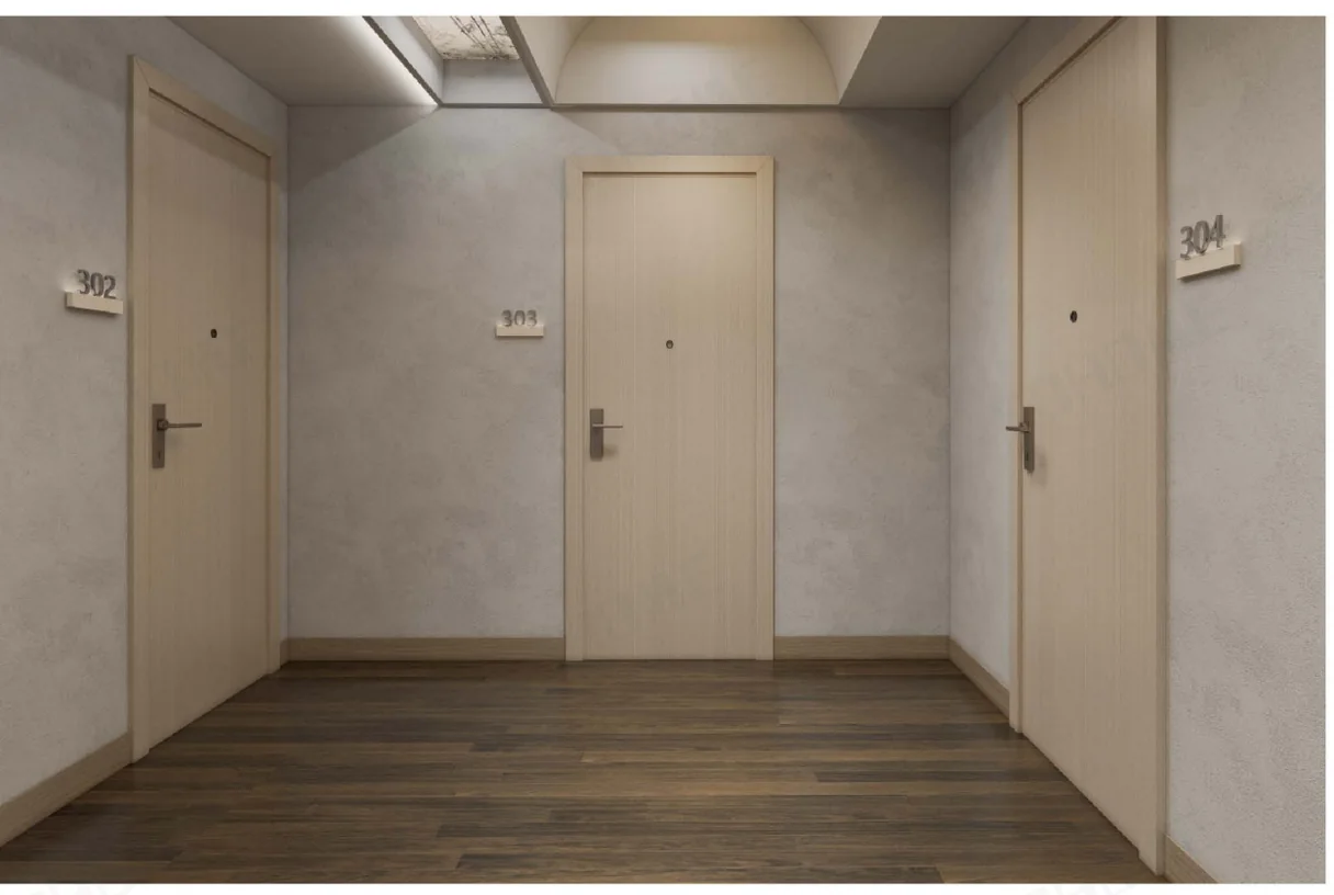 Fire-rated apartment door in a corridor setting