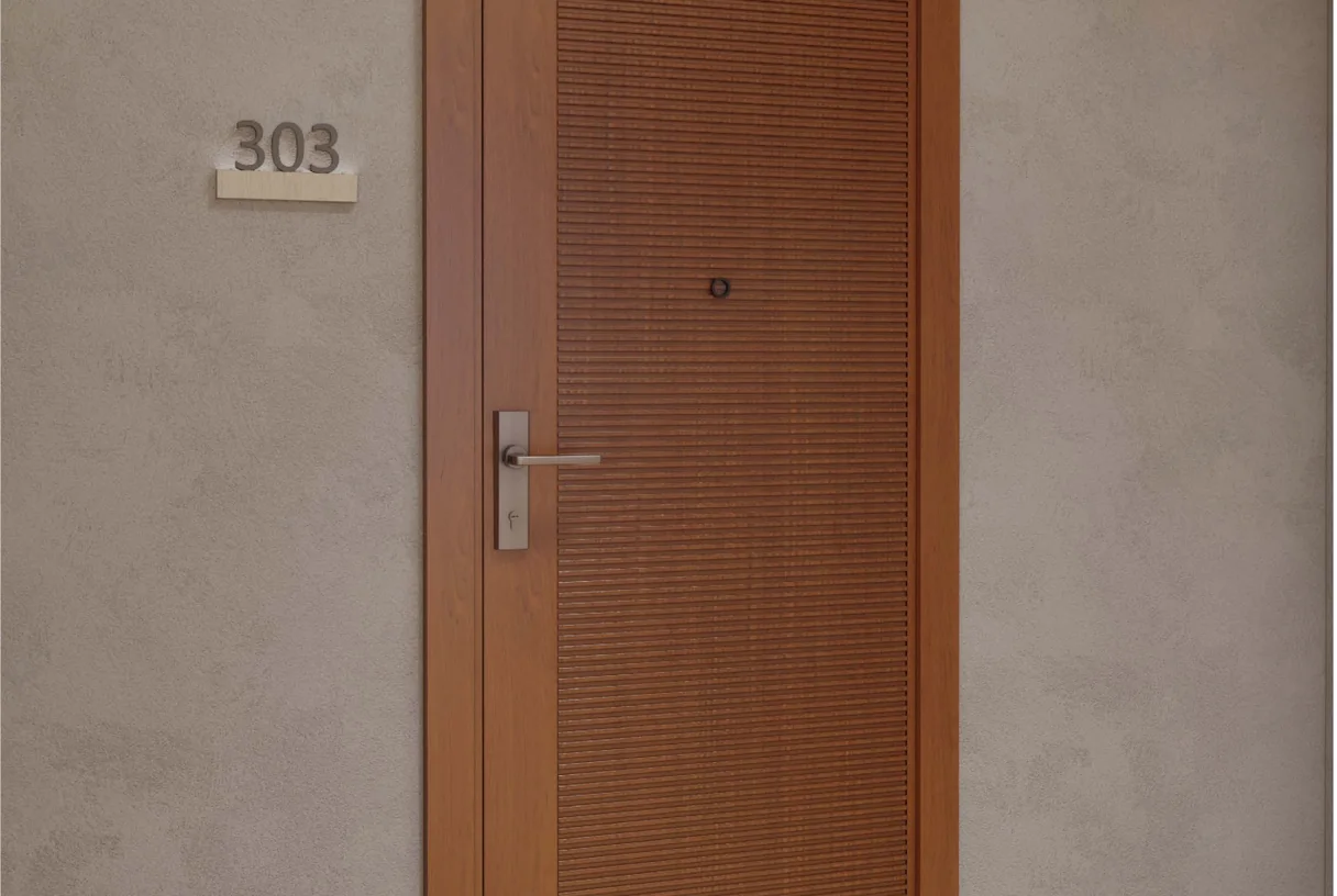 Warm timber apartment entry fire door with a room-number plate and lever handle, design rendering