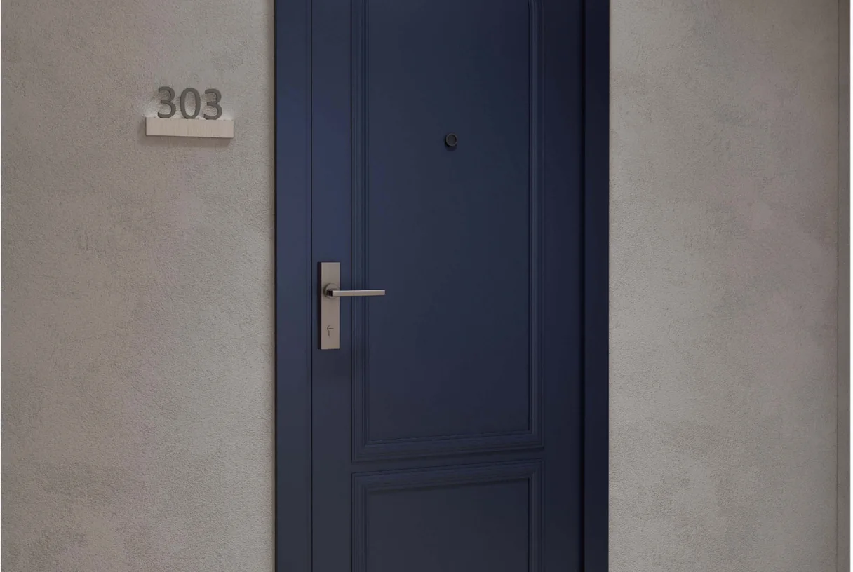 Deep blue single-leaf apartment entry fire door with a lever handle on a plain wall, design rendering