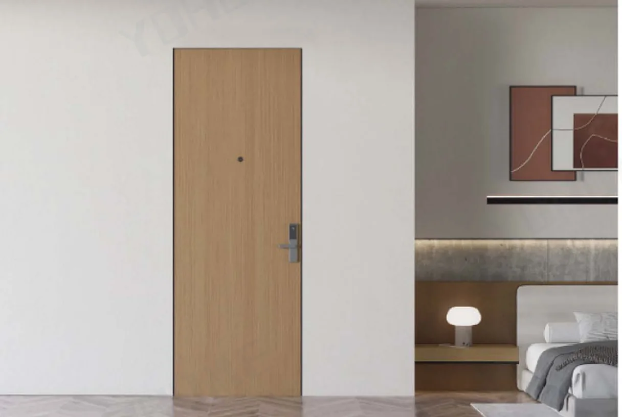 Single-leaf hotel fire door with an electronic lock beside a suite bed and side lamp, design rendering